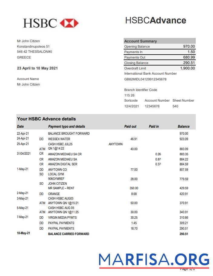 Downloadable Greece HSBC bank statement excel example